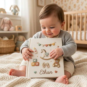Personalized baby toys hand embroidered photo album with rocking horse teddy bear and nursery accessories on linen cover