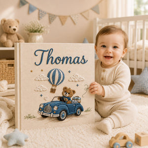 Personalized baby boy hand embroidered photo album with teddy bear driving blue vintage car and hot air balloon