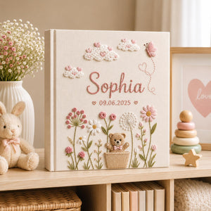 Personalized hand embroidered baby girl photo album with pink flowers clouds butterflies and teddy bear