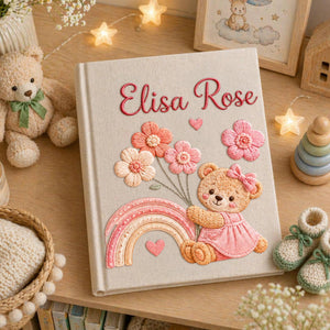Personalized hand embroidered baby photo album with teddy bear, pastel rainbow, and pink floral embroidery
