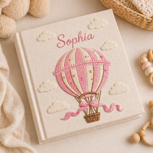 Personalized hand embroidered photo album with pink hot air balloon design, custom baby girl memory book keepsake gift