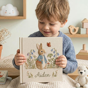 Personalized woodland bunny hand embroidered baby photo album with floral forest nursery design on linen cover