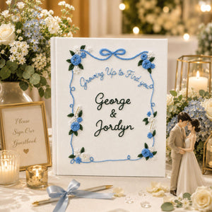 Personalized wedding photo album with blue floral embroidery ribbon border custom couple names and linen fabric cover