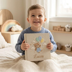 Personalized teddy balloon hand embroidered baby photo album with pastel nursery design on linen cover