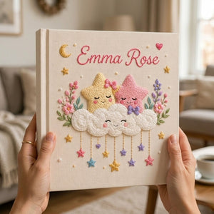 Personalized hand embroidered photo album featuring smiling stars resting on fluffy clouds with hanging pastel stars and floral accents on a premium linen cover customized with a baby name