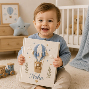 Personalized hand embroidered baby photo album with teddy bear in boho hot air balloon and tassel embroidery