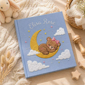 personalized photo album, moon teddy album, baby keepsake album, embroidered memory book, nursery photo album, custom baby gift, sleeping bear album, moon and stars album, baby memory book, newborn keepsake, baby shower gift, handmade photo album, childhood keepsake