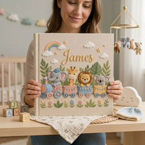 Personalized hand embroidered photo album featuring a safari animal train with elephant giraffe lion and koala in a tropical jungle setting