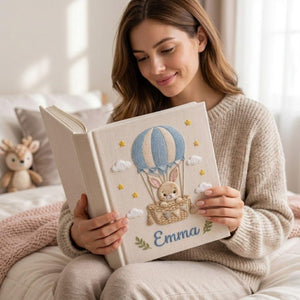 Personalized bunny balloon hand embroidered baby photo album with hot air balloon cloud and star design on linen cover