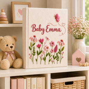 Personalized floral butterfly hand embroidered photo album with pastel wildflowers and custom baby name