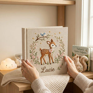 Personalized woodland deer hand embroidered baby photo album with floral forest nursery design on linen cover