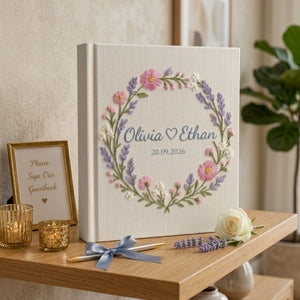 Personalized wildflower wreath hand embroidered photo album with custom names and wedding date on linen cover