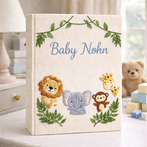Personalized hand embroidered photo album featuring safari animals and custom birth statistics including weight, length, and birth time