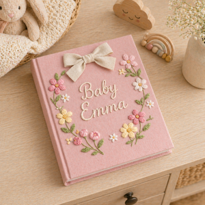 Personalized hand embroidered photo album featuring a floral name crest with pastel flowers and elegant bow on a pink linen cover