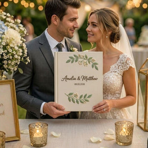 Personalized hand embroidered wedding photo album with white floral embroidery custom names and wedding date on linen cover