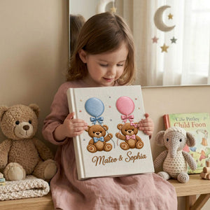 Personalized hand embroidered teddy bear photo album with pastel balloons custom baby keepsake memory book