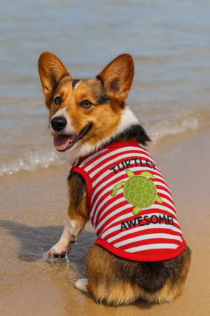 Parisian Pet 'Turtley Awesome' Dog Shirt – Fun Slogan Cotton Pet T-Shirt for Dogs & Cats, Red and White Stripes