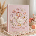 Personalized hand embroidered photo album featuring a cottage style goose wearing a floral bonnet surrounded by butterflies and flowers
