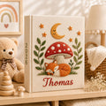 Personalized woodland fox hand embroidered photo album with mushroom moon and stars nursery keepsake design