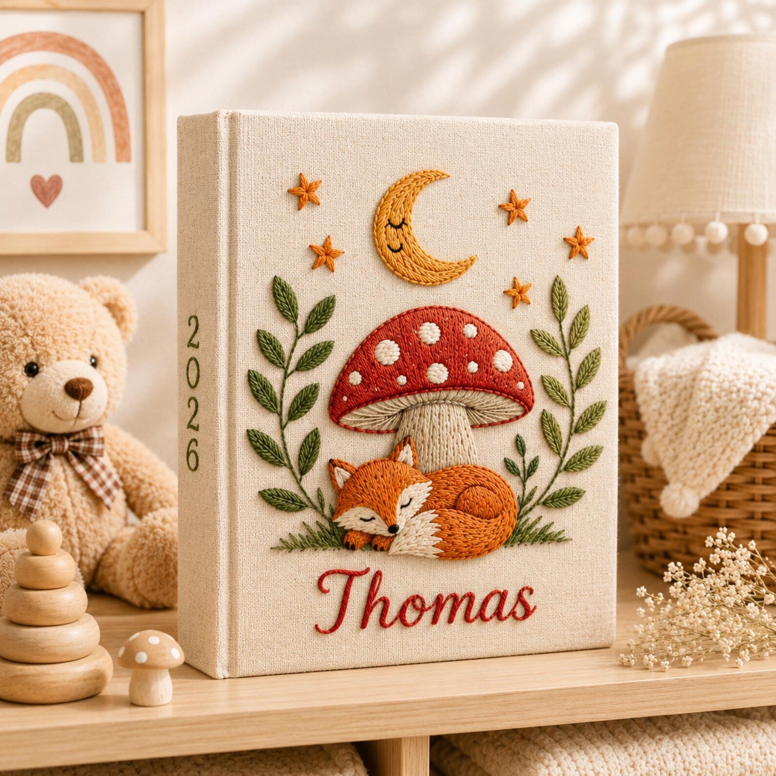 Personalized woodland fox hand embroidered photo album with mushroom moon and stars nursery keepsake design