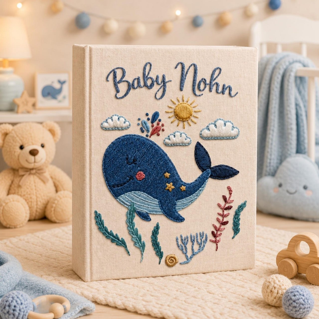 Personalized embroidered baby photo album with smiling whale, ocean plants, clouds, sunshine, and custom name embroidery