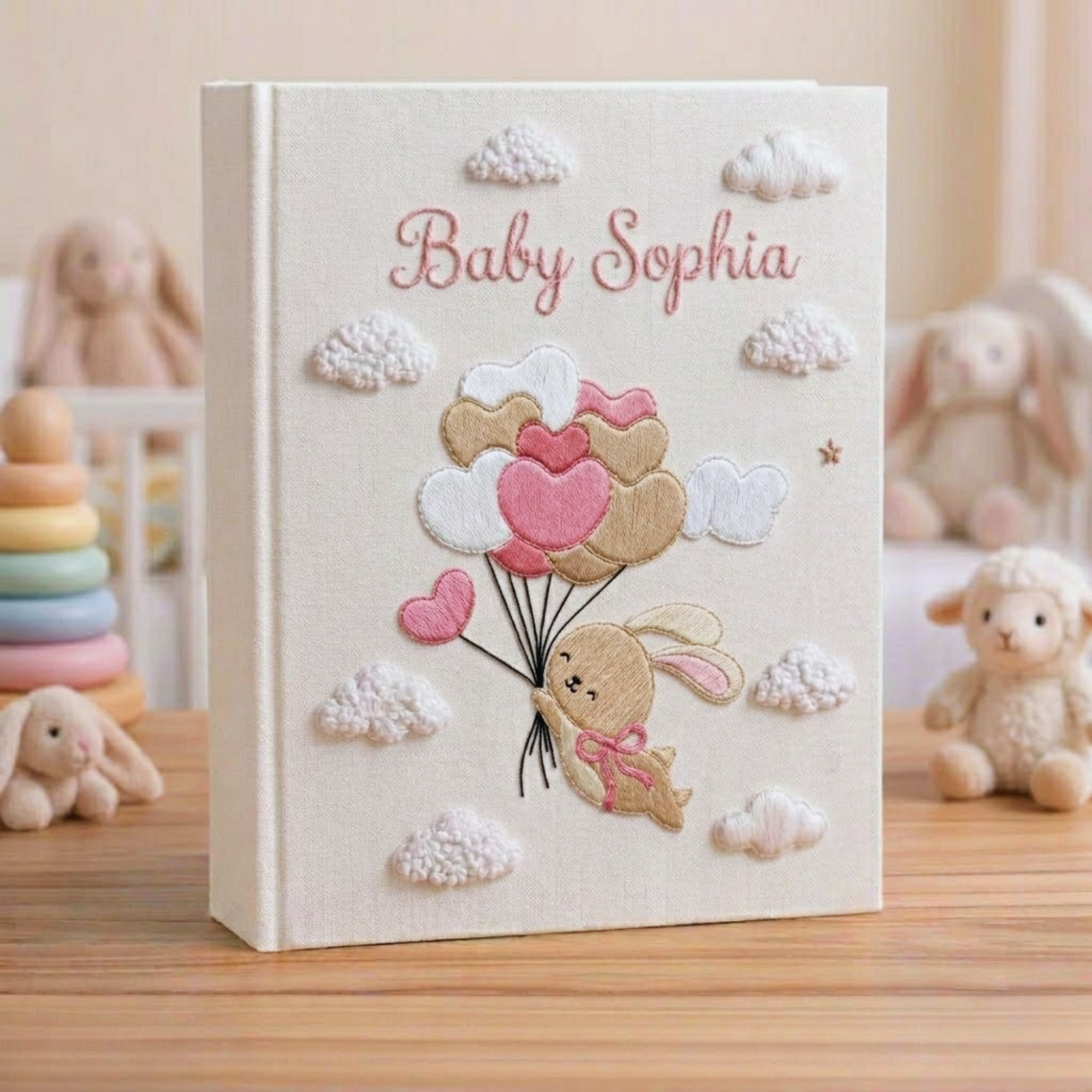 Personalized hand embroidered photo album featuring a bunny holding pastel heart balloons floating among fluffy clouds