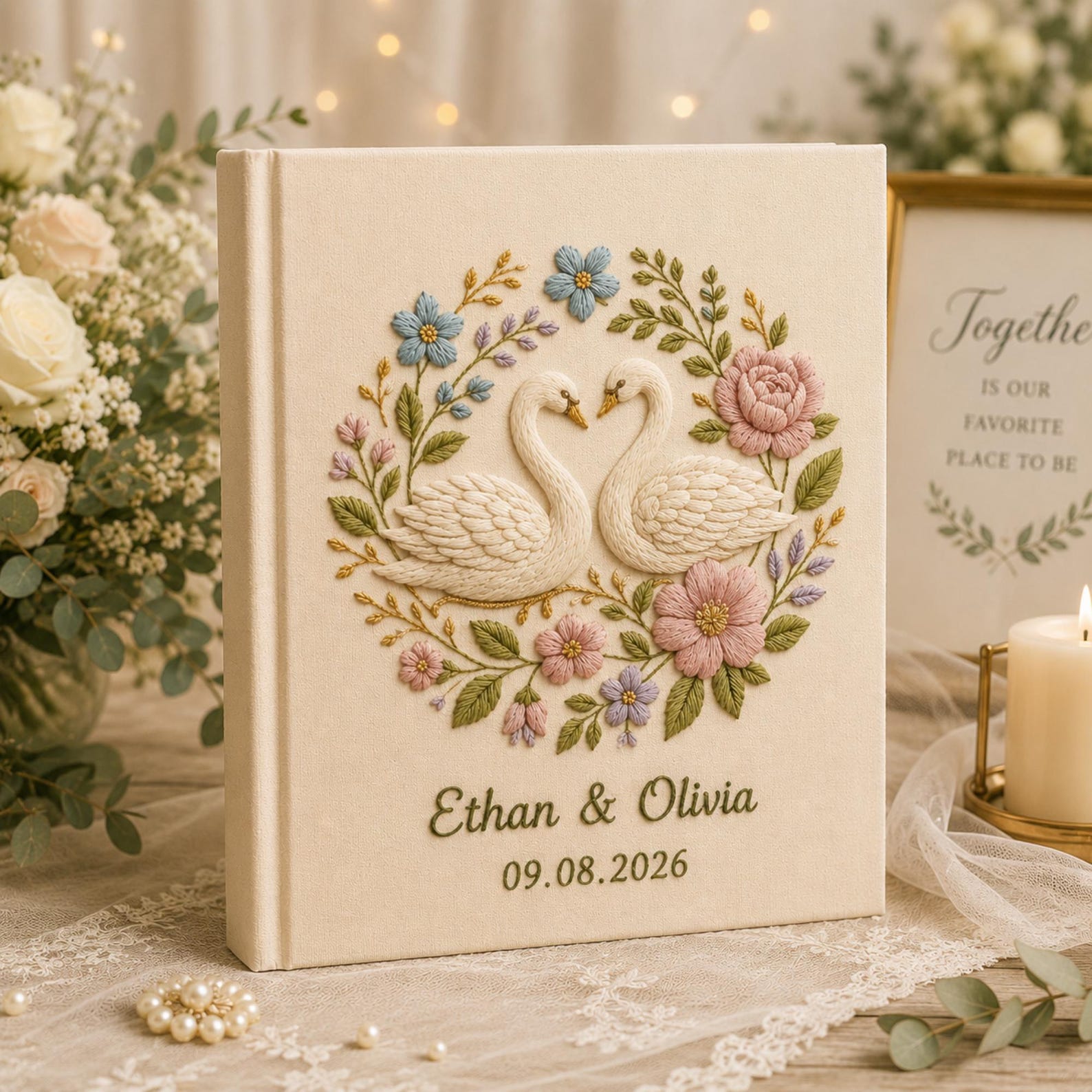 Personalized embroidered wedding photo album with floral swan embroidery, pastel botanical flowers, custom names, wedding date, and linen hardcover design