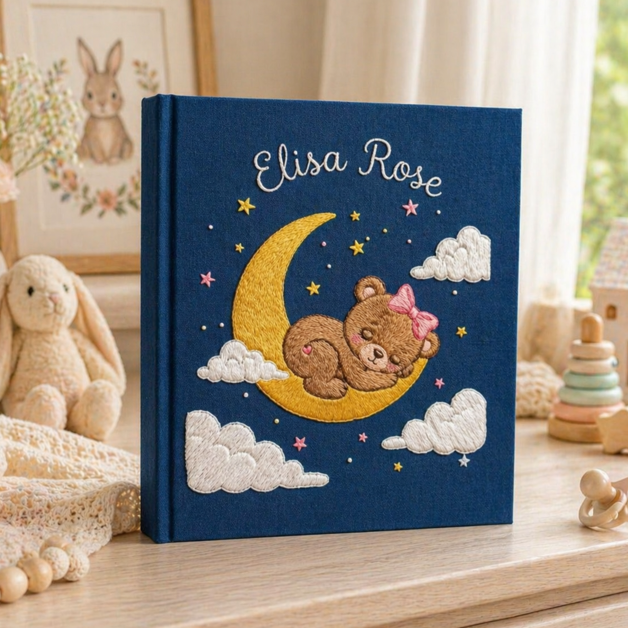 personalized photo album, moon teddy album, baby keepsake album, embroidered memory book, nursery photo album, custom baby gift, sleeping bear album, moon and stars album, baby memory book, newborn keepsake, baby shower gift, handmade photo album, childhood keepsake