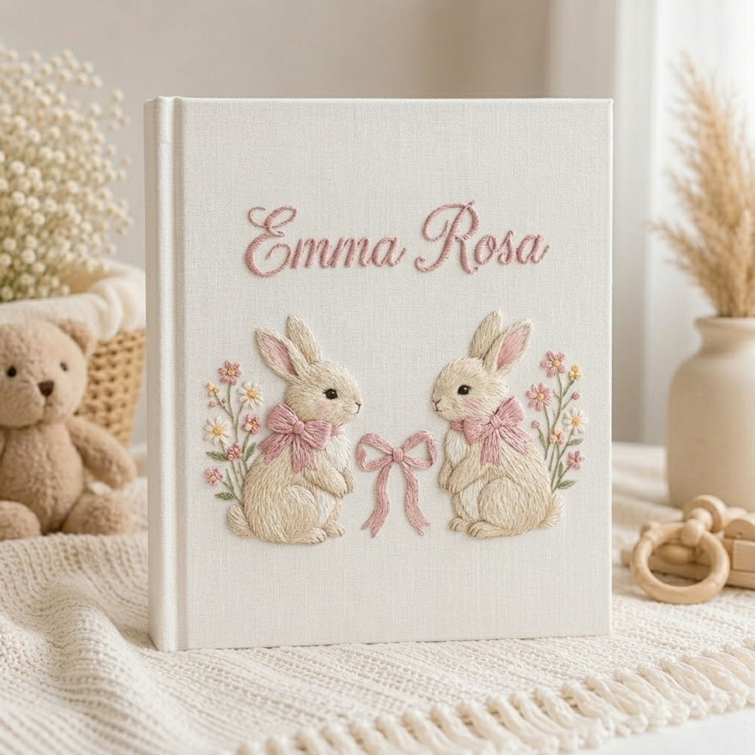 Personalized hand embroidered photo album featuring two adorable rabbits with pink bows and delicate floral accents on a linen cover