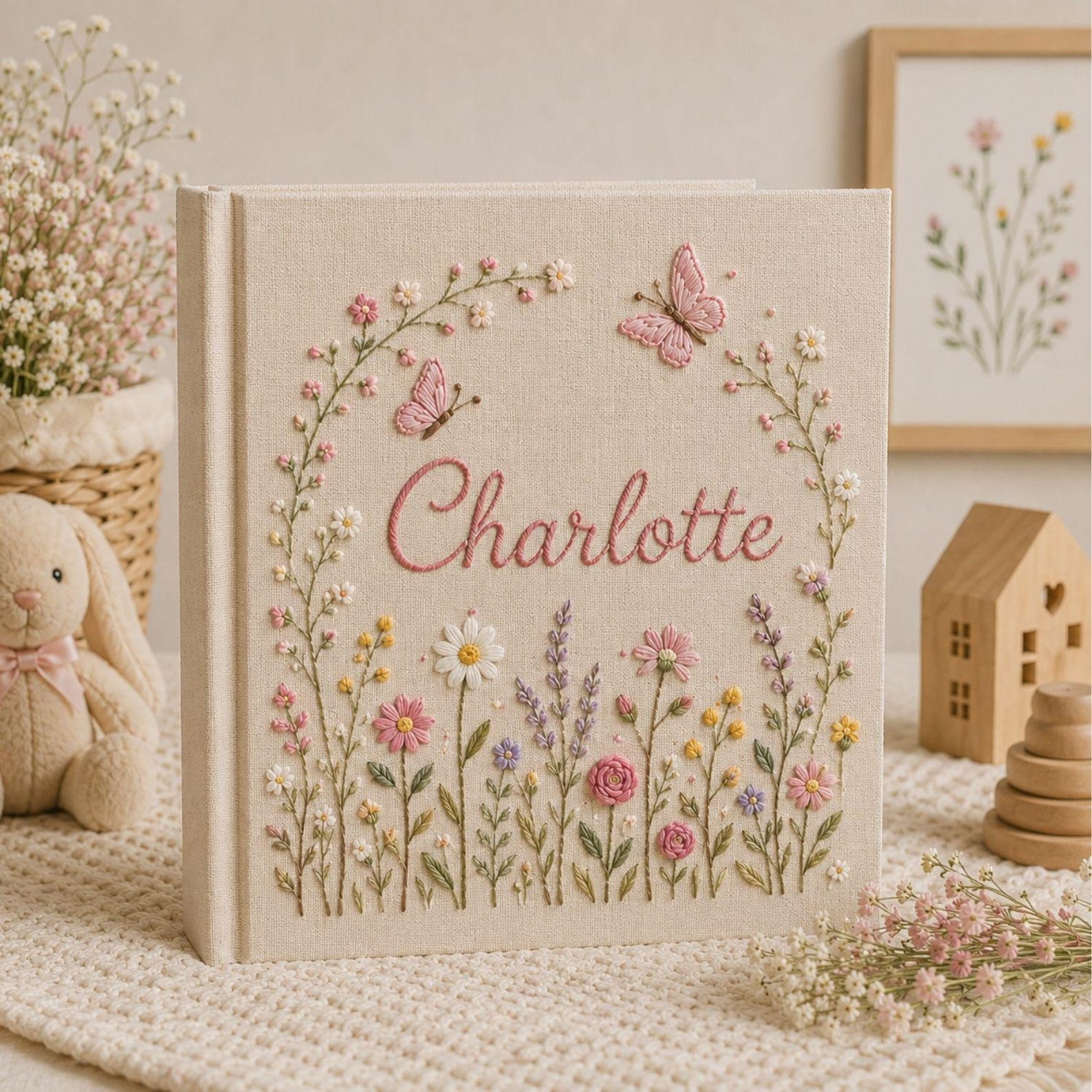 Personalized hand embroidered photo album featuring pastel wildflowers butterflies and custom name embroidery on linen cover