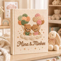 Personalized twin teddy bear hand embroidered photo album with pastel balloons and cloud nursery design