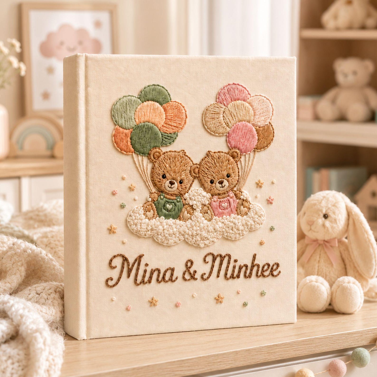 Personalized twin teddy bear hand embroidered photo album with pastel balloons and cloud nursery design