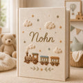Personalized vintage train hand embroidered photo album with clouds and stars nursery design