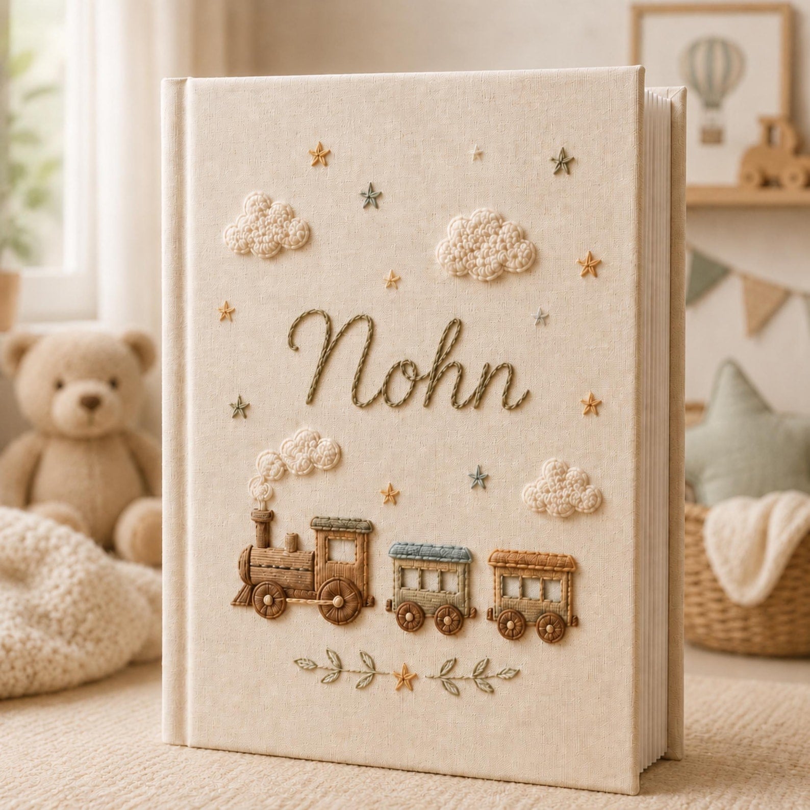 Personalized vintage train hand embroidered photo album with clouds and stars nursery design