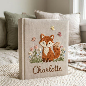 Personalized woodland fox hand embroidered baby photo album with floral butterfly design on linen cover