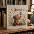 Personalized teddy butterfly hand embroidered baby photo album with woodland floral and bee design on linen cover