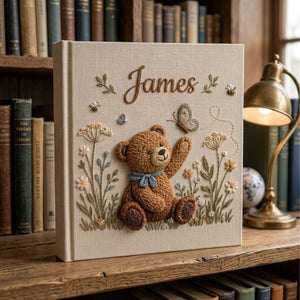 Personalized teddy butterfly hand embroidered baby photo album with woodland floral and bee design on linen cover