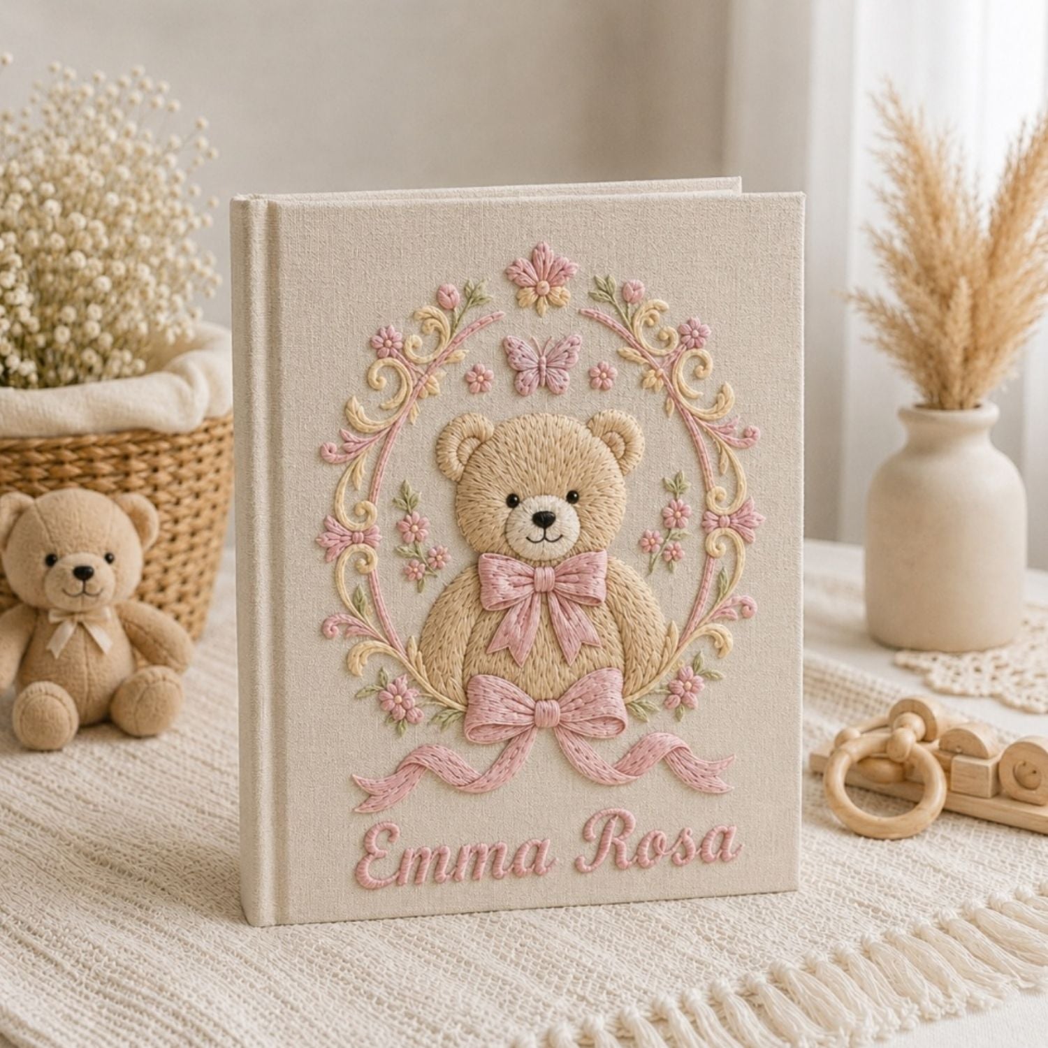 Personalized hand embroidered photo album featuring a vintage teddy bear surrounded by a floral wreath, pink bows and delicate butterfly accents