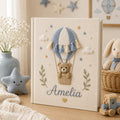 Personalized hand embroidered baby photo album with teddy bear in boho hot air balloon and tassel embroidery