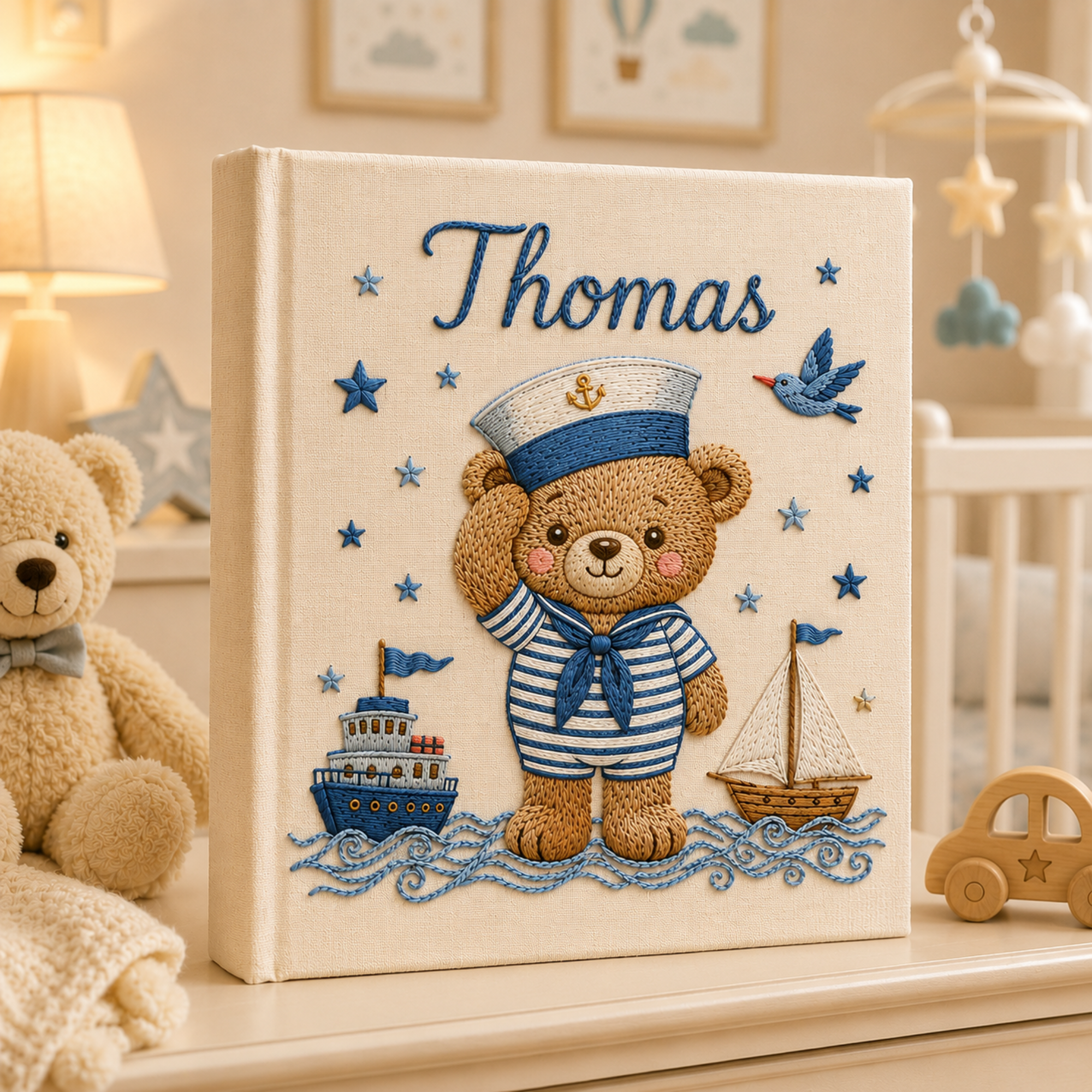Personalized hand embroidered photo album featuring a sailor teddy bear captain with ships, sailboat, stars and ocean waves on a linen cover