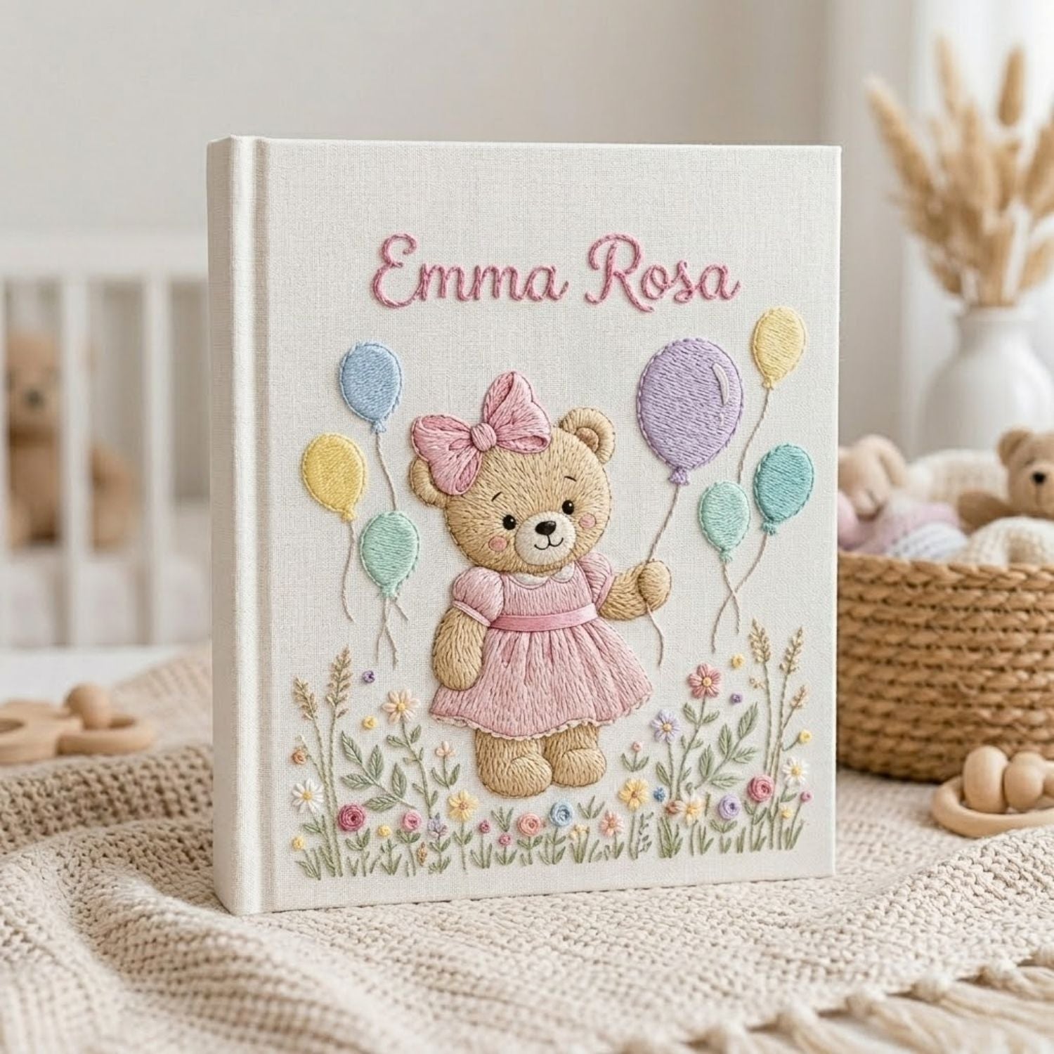 Personalized hand embroidered photo album featuring a birthday teddy bear holding pastel balloons in a blooming flower garden