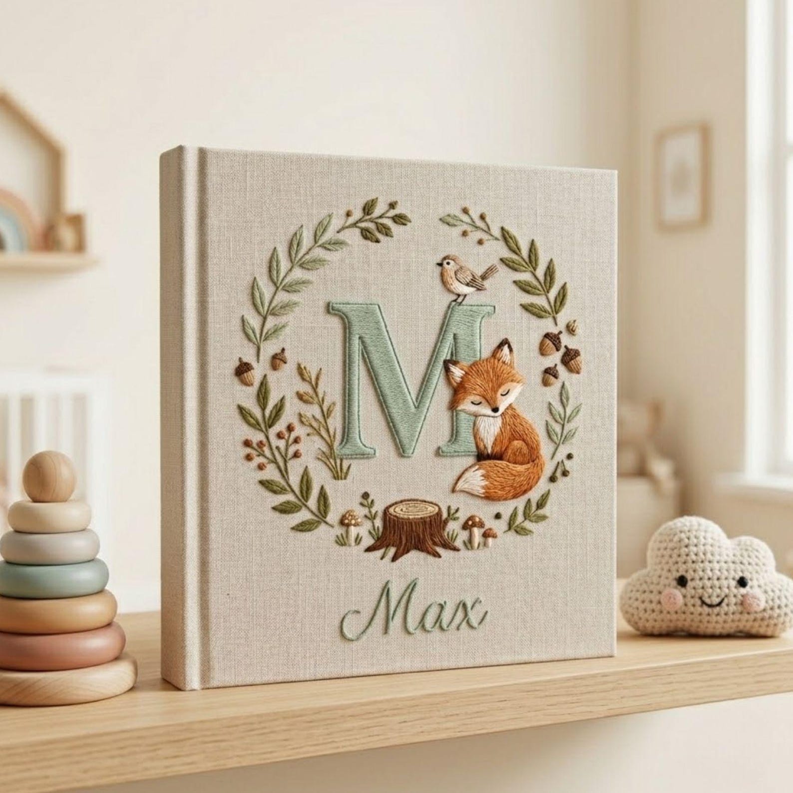 Personalized woodland fox monogram embroidered baby photo album with forest leaves and custom name on linen cover