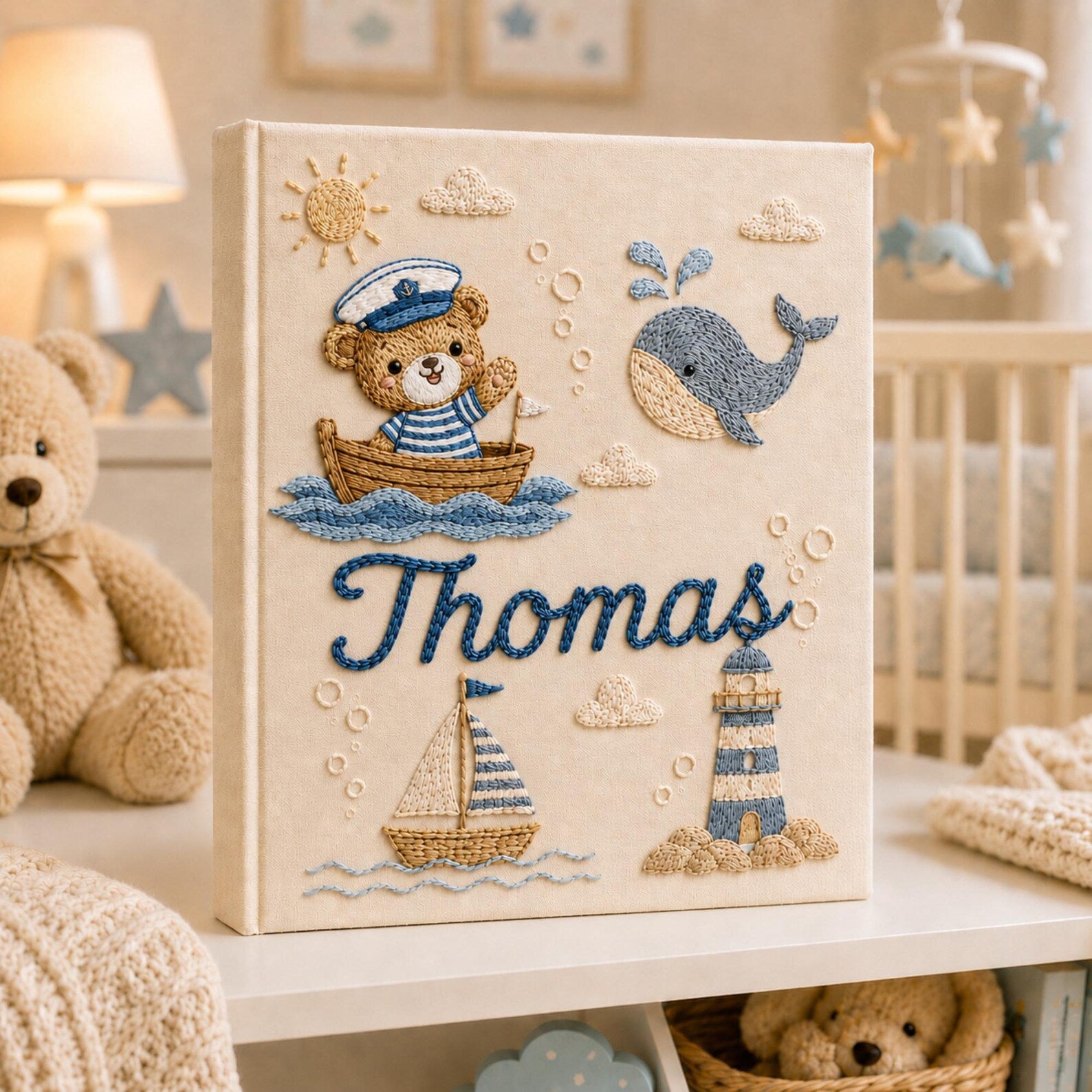 Personalized hand embroidered nautical baby photo album with sailor teddy bear, whale, sailboat, and lighthouse design
