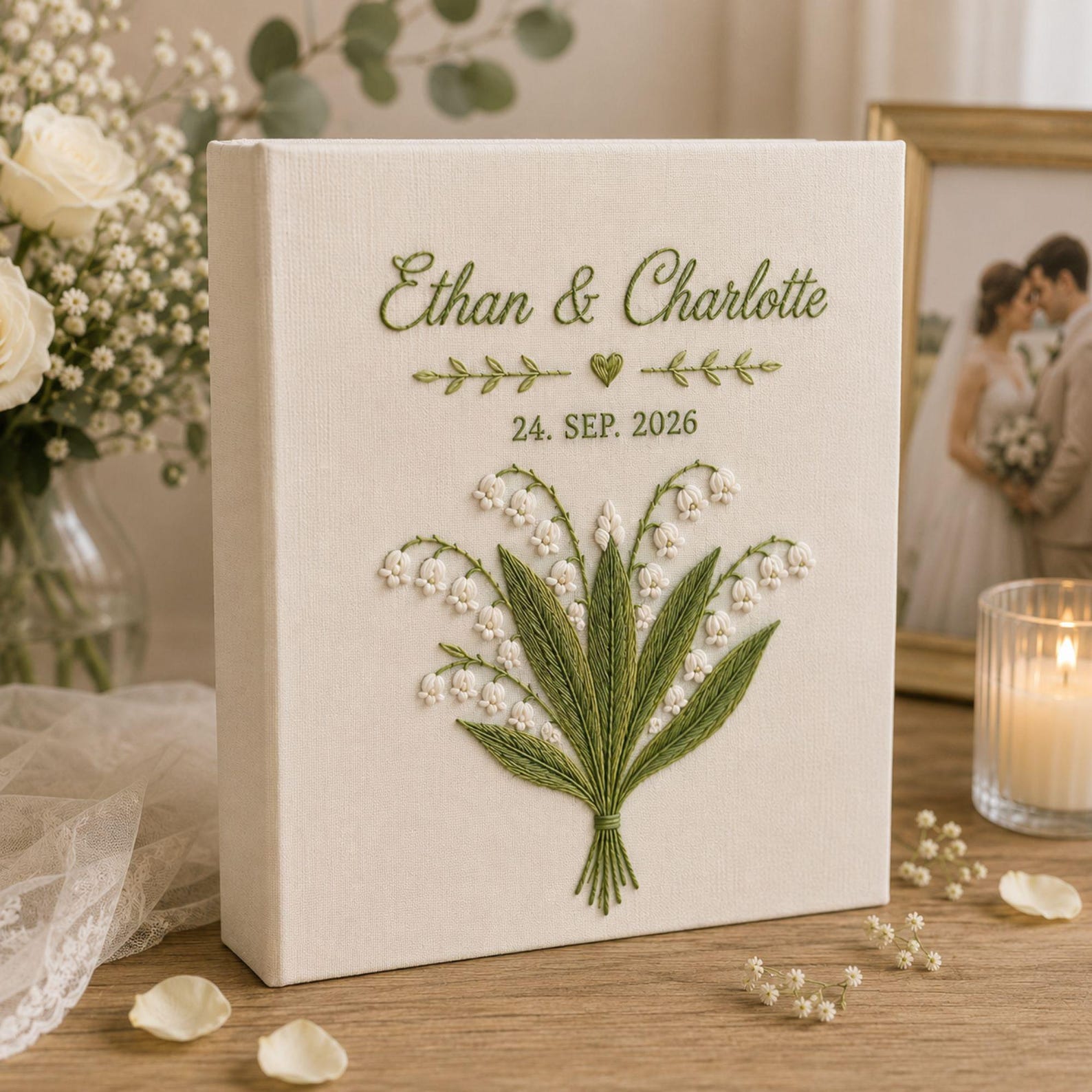 Personalized lily of the valley hand embroidered photo album with custom names and wedding date on linen cover