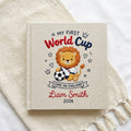 Personalized hand embroidered photo album featuring a cute soccer lion with football and First World Cup theme customized with baby name