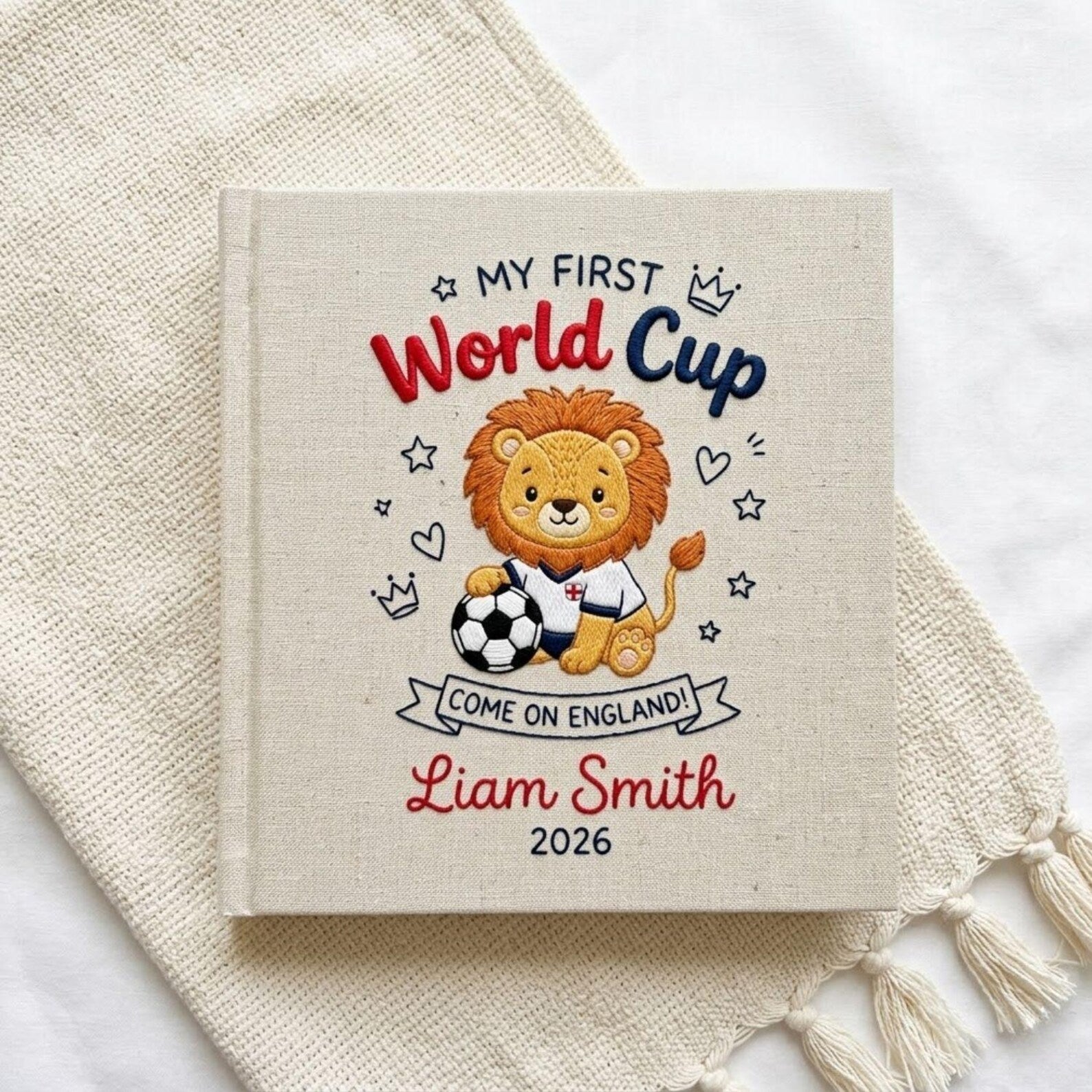 Personalized hand embroidered photo album featuring a cute soccer lion with football and First World Cup theme customized with baby name