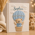 Personalized hand embroidered baby photo album with teddy bear in blue hot air balloon