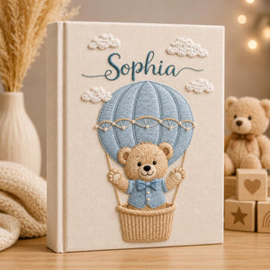 Personalized hand embroidered baby photo album with teddy bear in blue hot air balloon