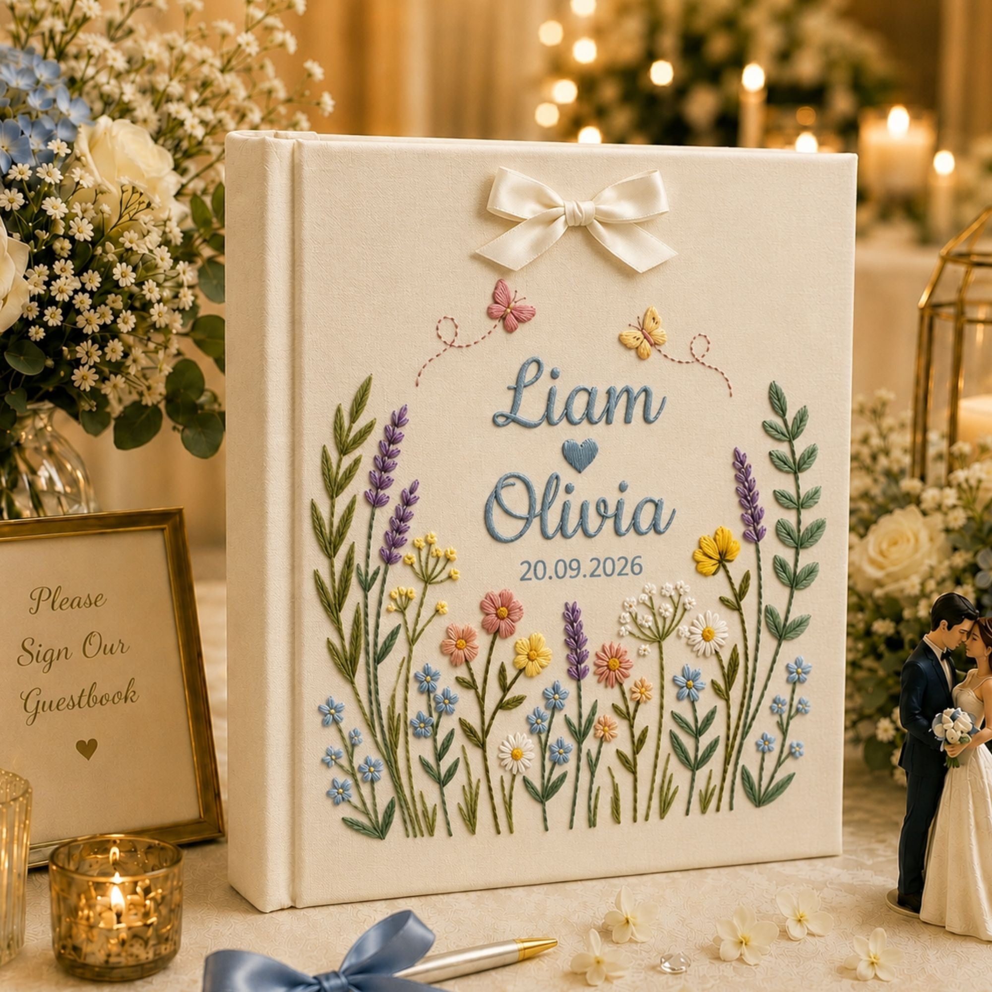 Personalized wildflower meadow hand embroidered photo album with custom names date butterflies and ribbon bow on linen cover