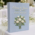 Personalized white rose bouquet hand embroidered photo album with custom names and wedding date on blue linen cover